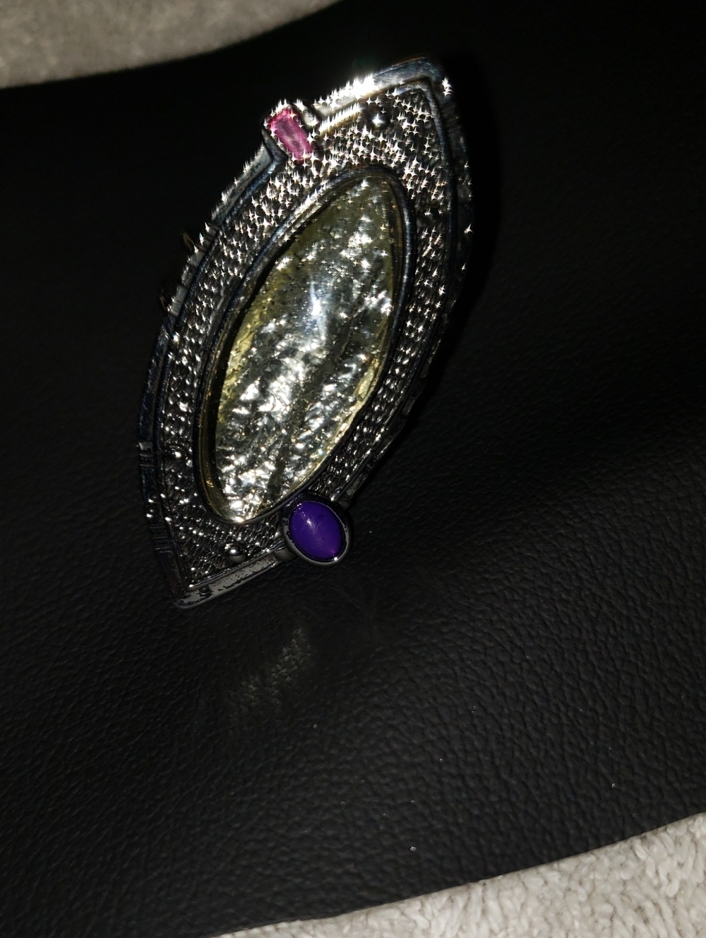 Silver-Tone Statement Ring with Purple and Pink Accents